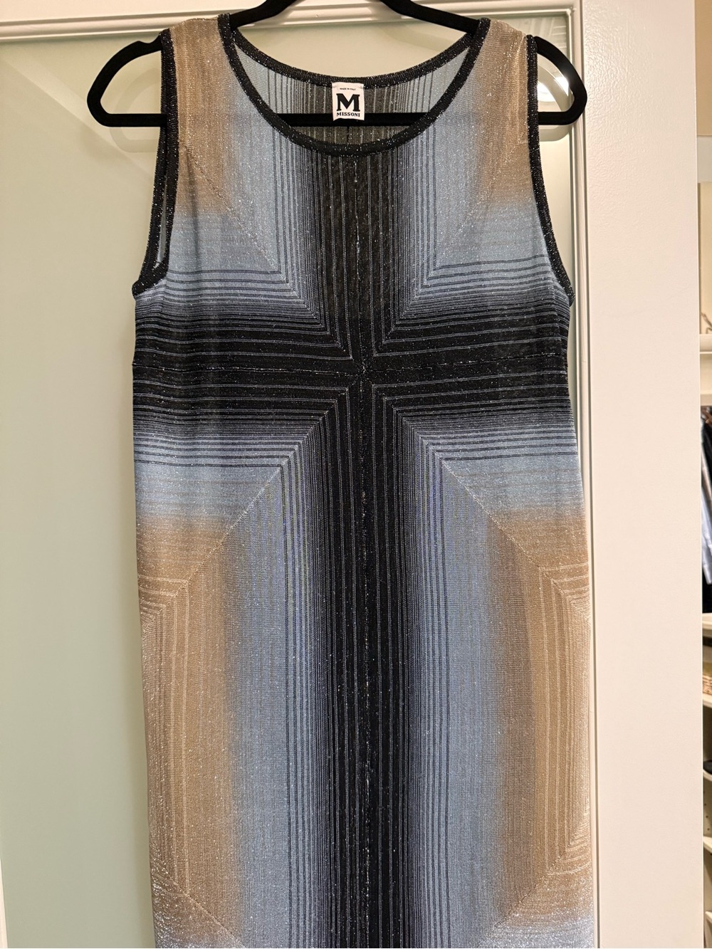 M by Missoni Sleeveless Geometric Knit Dress in Black, Blue & Gold